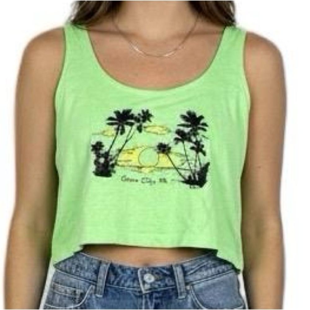 Vintage Neon Lime Green Ocean City MD Palm Tree Graphic‎ Crop Tank Top M/L